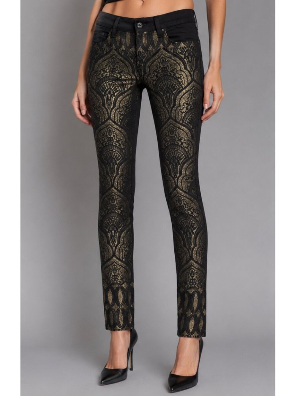 7 For All Mankind Gold Jacquard Skinny Jeans Black Metallic Brocade | Size 25